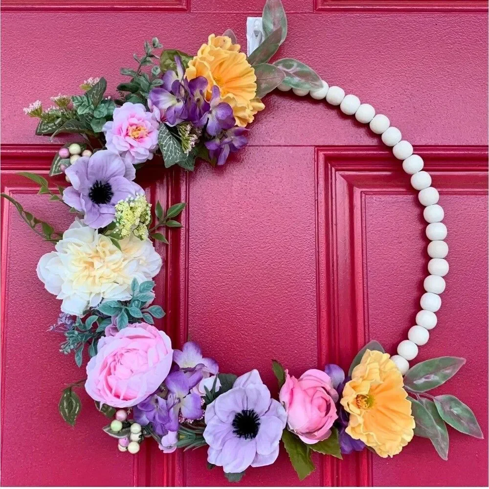 Floral Bead Hoop Wreath: Poppy, Anemone, Eucalyptus, Farmhouse Decor